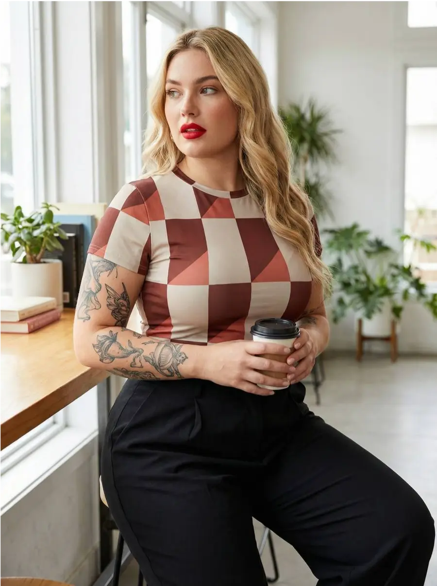 Brown & Peach Checkered Geo Tee – Single Life T-Shirt Yoycol T-Shirt SHE VIBES AFTER DARK