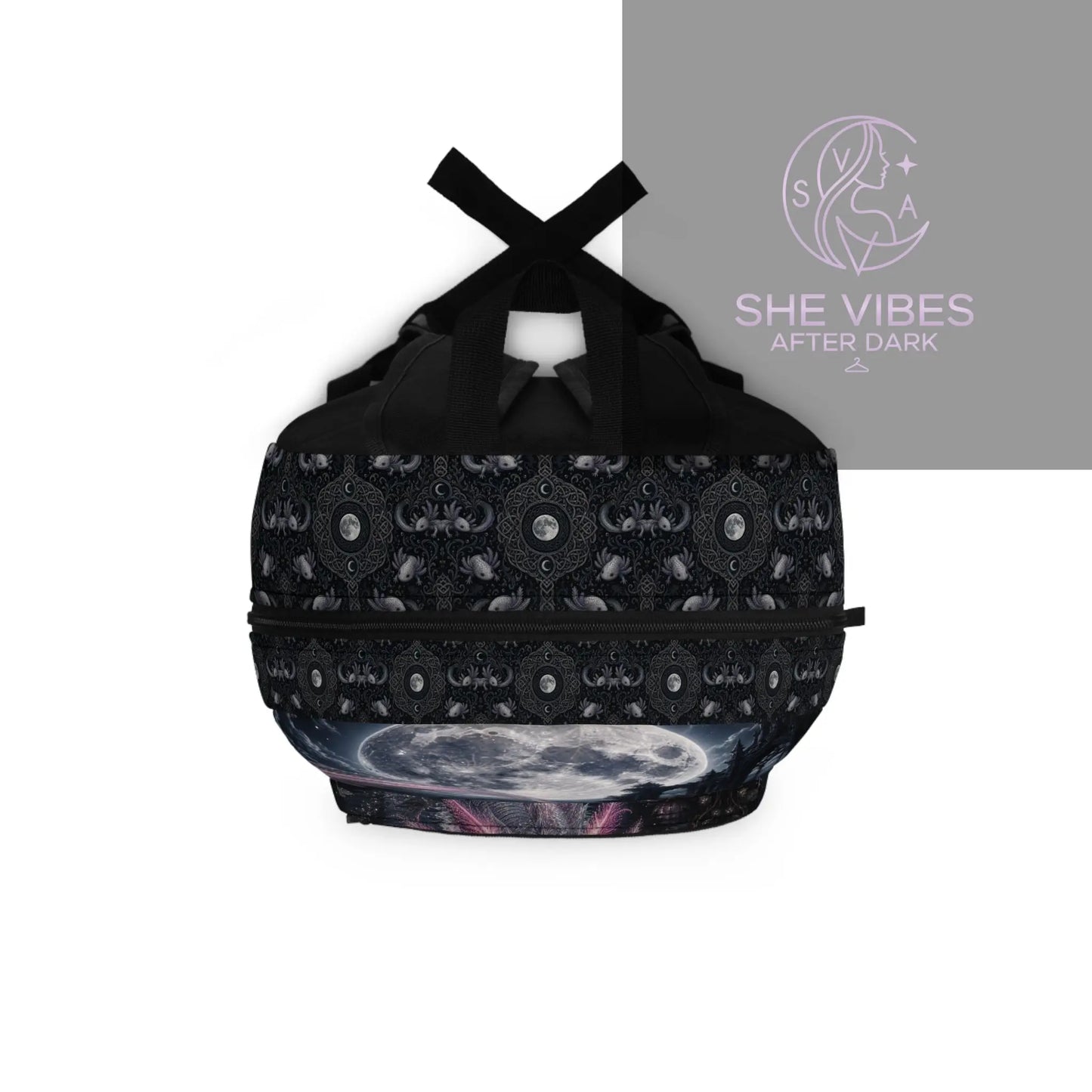 Pink Axolotl Moonlight Backpack, Fantasy Creature Night Forest Printify Bags SHE VIBES AFTER DARK