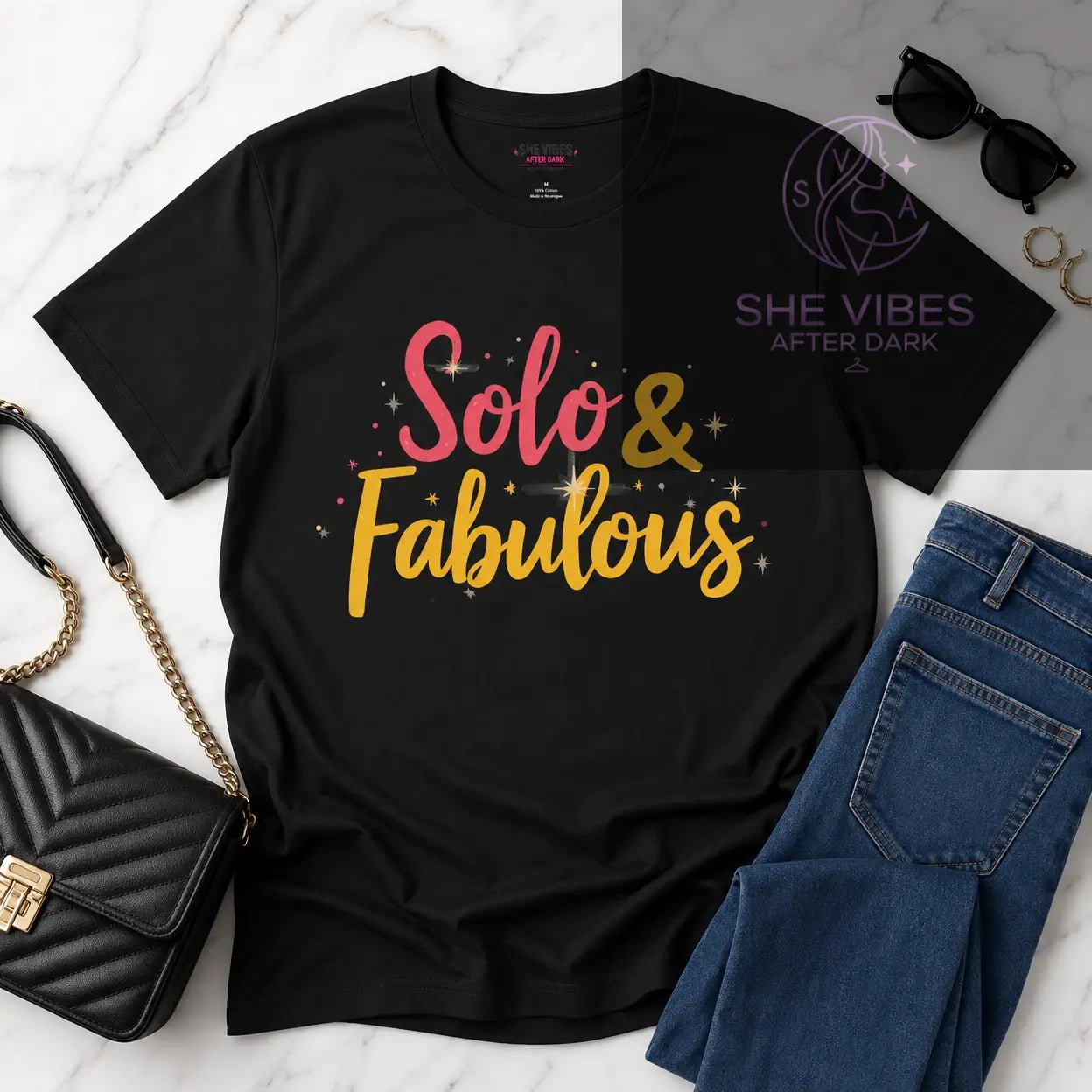 Solo & Fabulous T-Shirt — Bold Script Graphic Tee for Confident Singles Printify T-Shirt SHE VIBES AFTER DARK