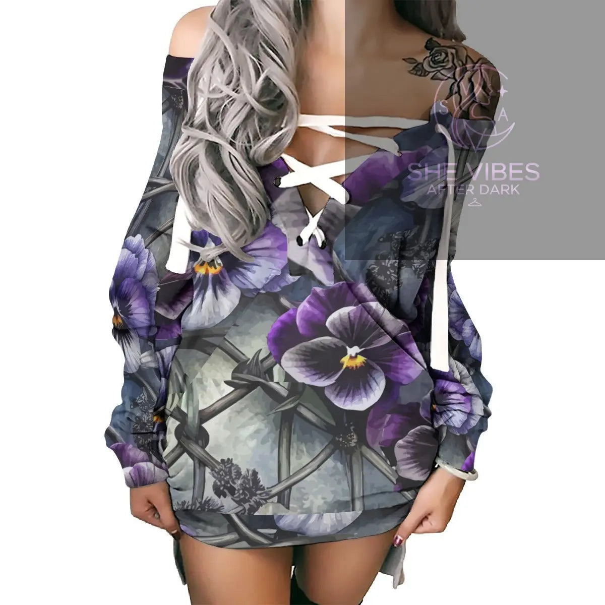 All-Over Print Women's Lace-Up Sweatshirt Yoycol   SHE VIBES AFTER DARK
