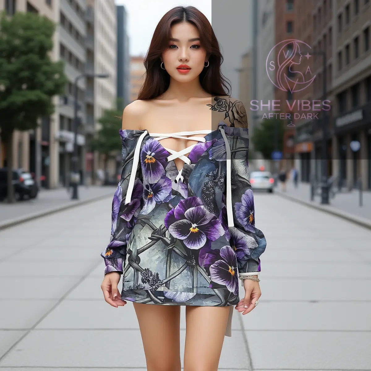 All-Over Print Women's Lace-Up Sweatshirt Yoycol   SHE VIBES AFTER DARK