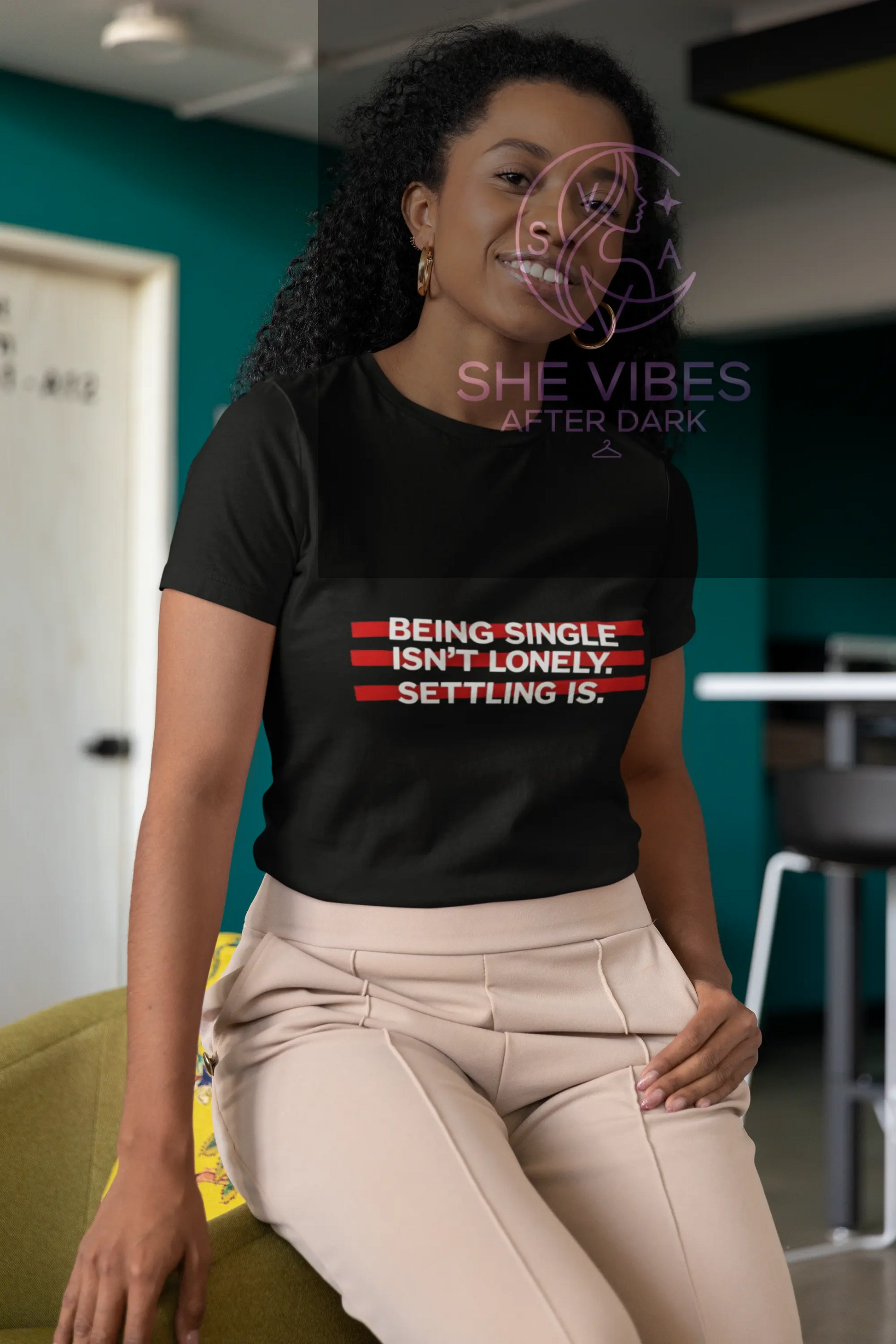 “Being Single Isn’t Lonely — Settling Is” Women’s Tee — Single Life Graphic T-Shirt Printify  T-Shirt SHE VIBES AFTER DARK