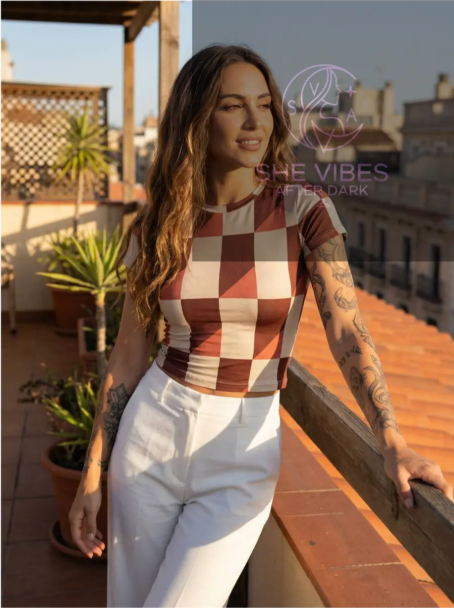 Brown & Peach Checkered Geo Tee – Single Life T-Shirt Yoycol  T-Shirt SHE VIBES AFTER DARK