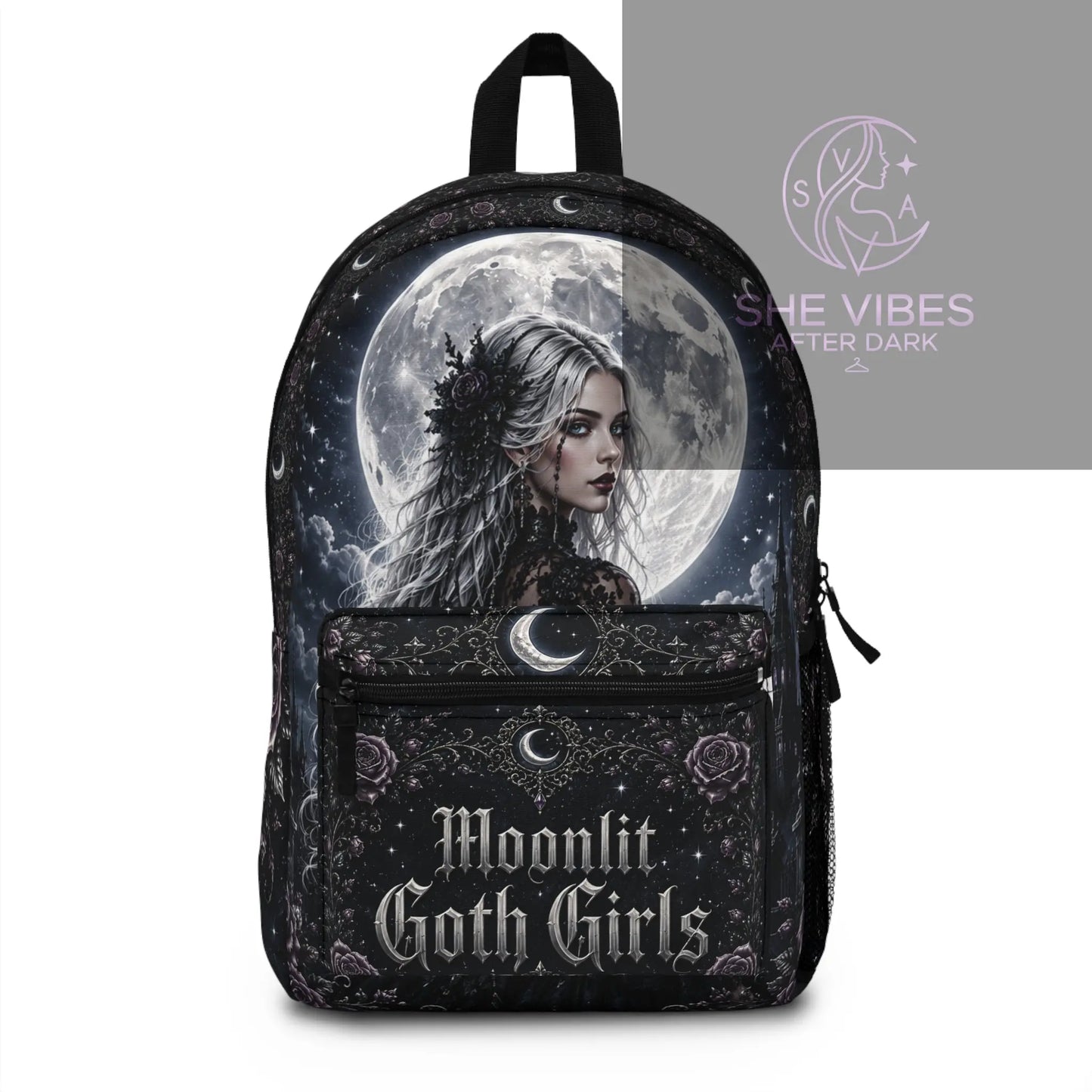 Moonlit Goth Girl Moon Rose Night Scene Backpack Printify  Bags SHE VIBES AFTER DARK