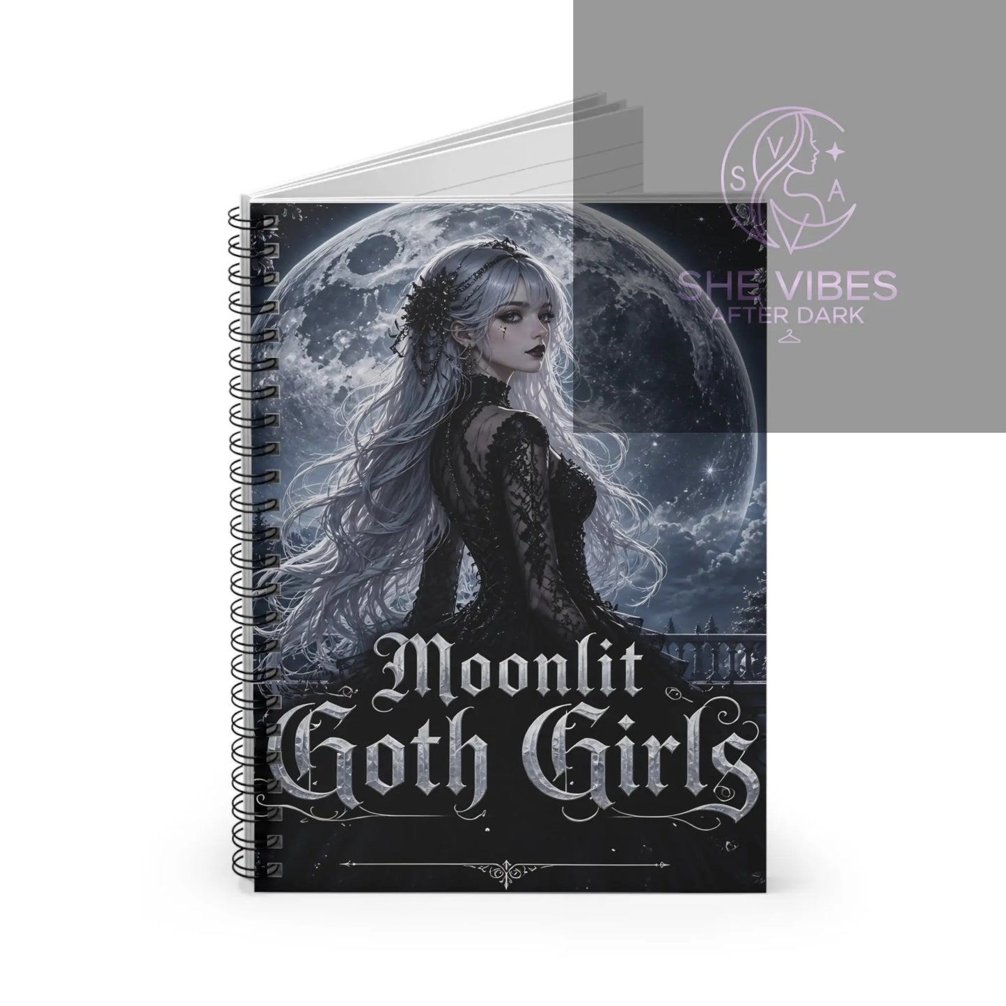 Moonlit Goth Girls Spiral Notebook | Gothic Moon Artwork, Ruled Journal Printify  Paper products SHE VIBES AFTER DARK