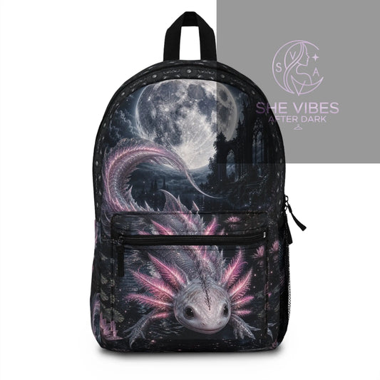 Pink Axolotl Moonlight Backpack, Fantasy Creature Night Forest Printify  Bags SHE VIBES AFTER DARK