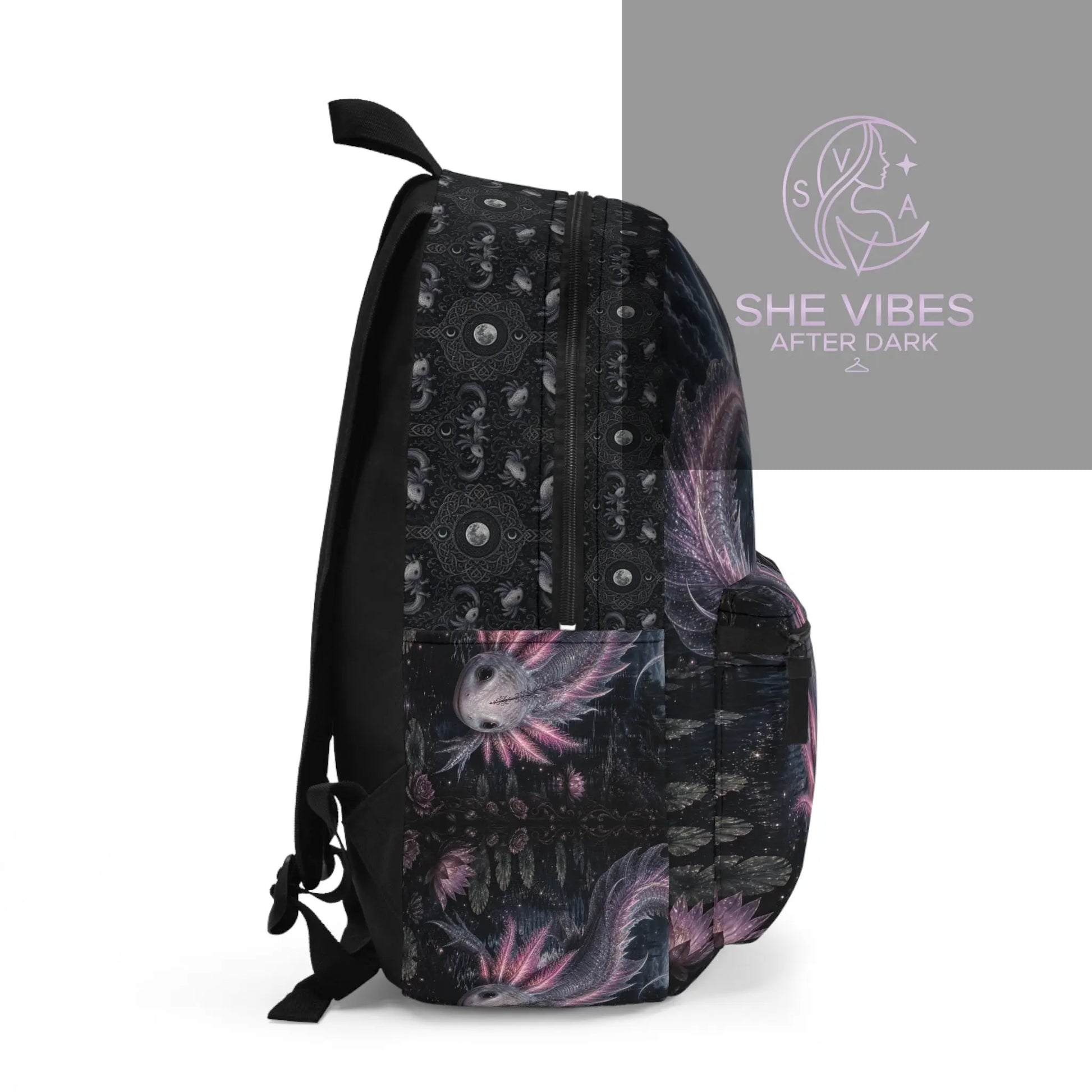Pink Axolotl Moonlight Backpack, Fantasy Creature Night Forest Printify  Bags SHE VIBES AFTER DARK