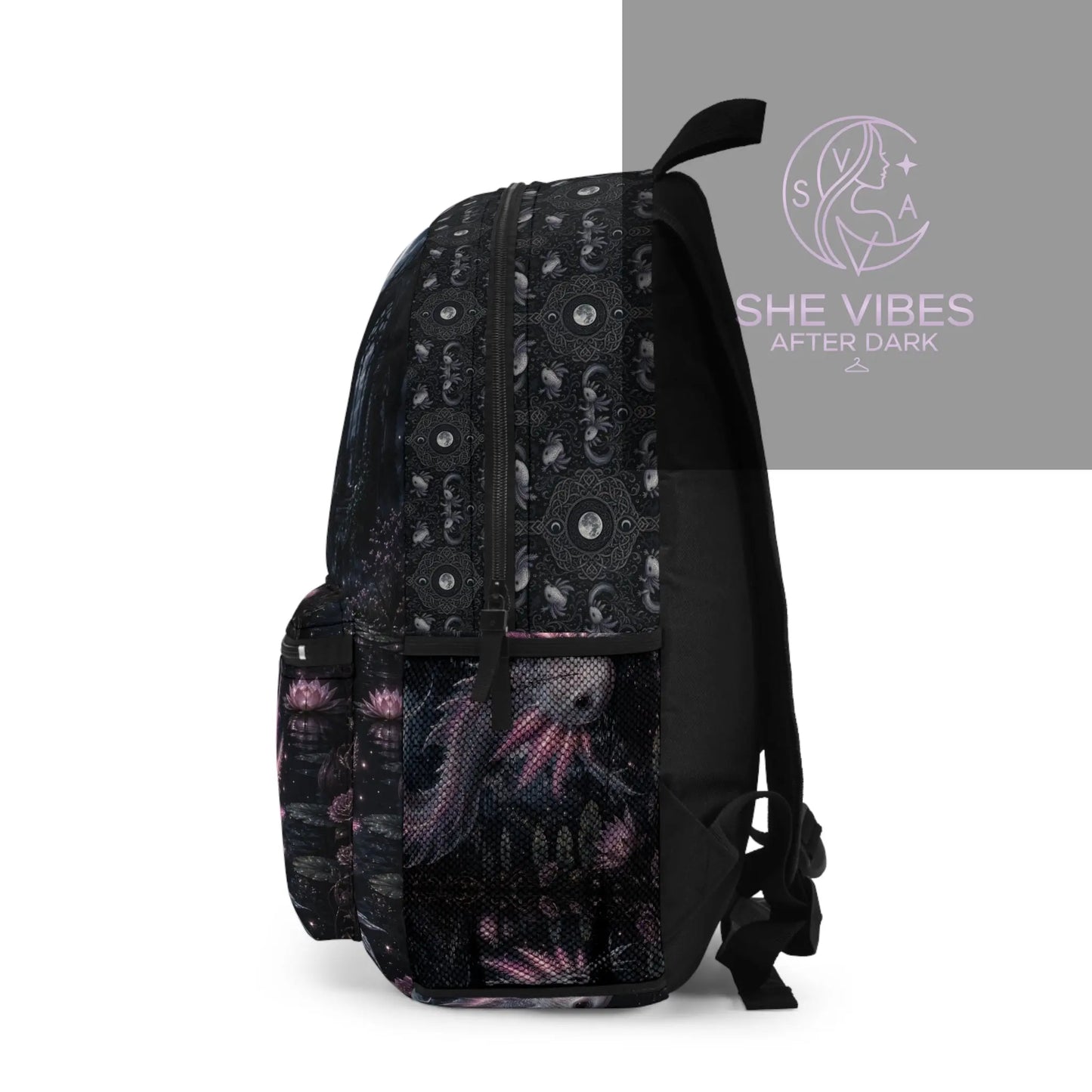 Pink Axolotl Moonlight Backpack, Fantasy Creature Night Forest Printify  Bags SHE VIBES AFTER DARK