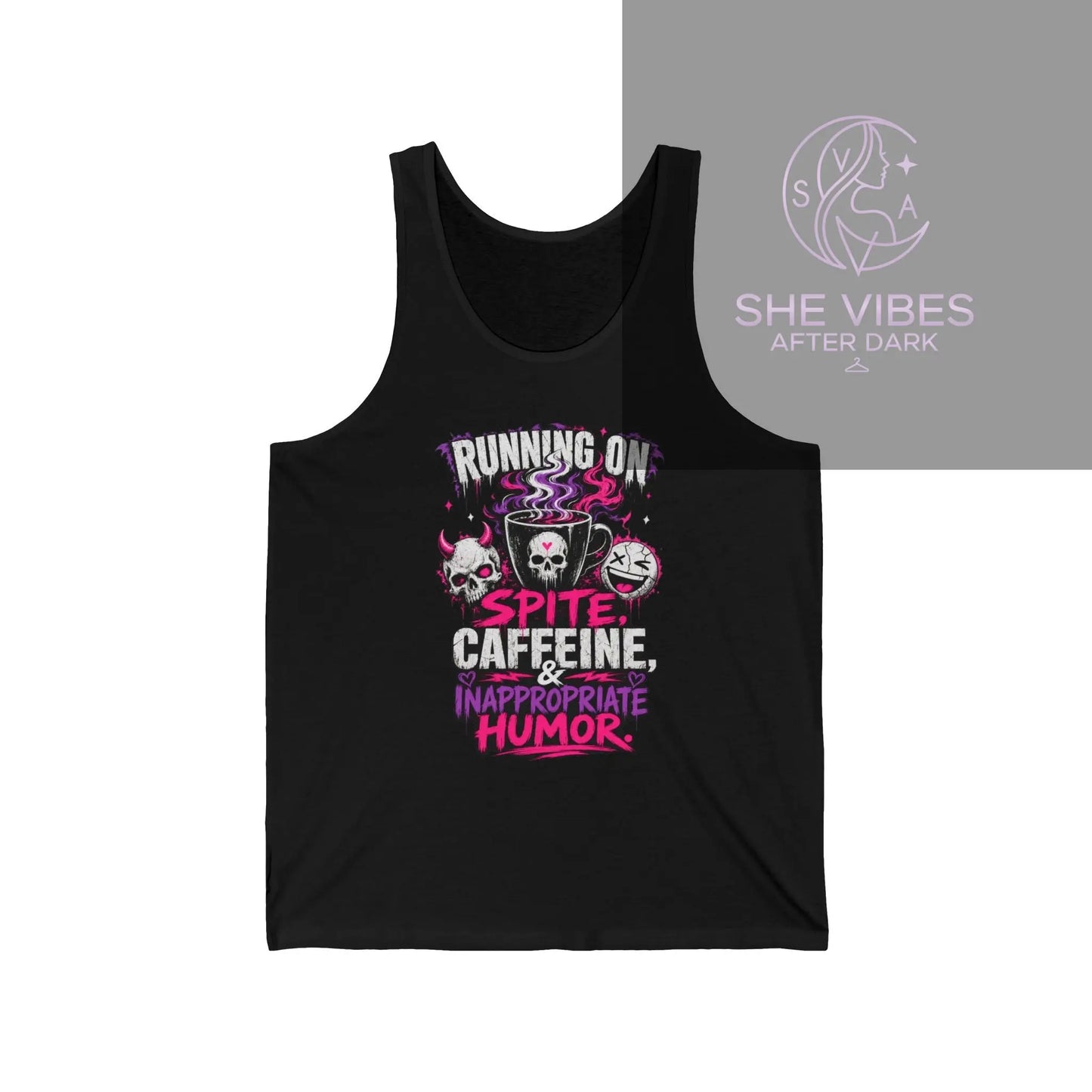 Running on Spite, Caffeine & Inappropriate Humor Tank Top Printify  Tank Top SHE VIBES AFTER DARK