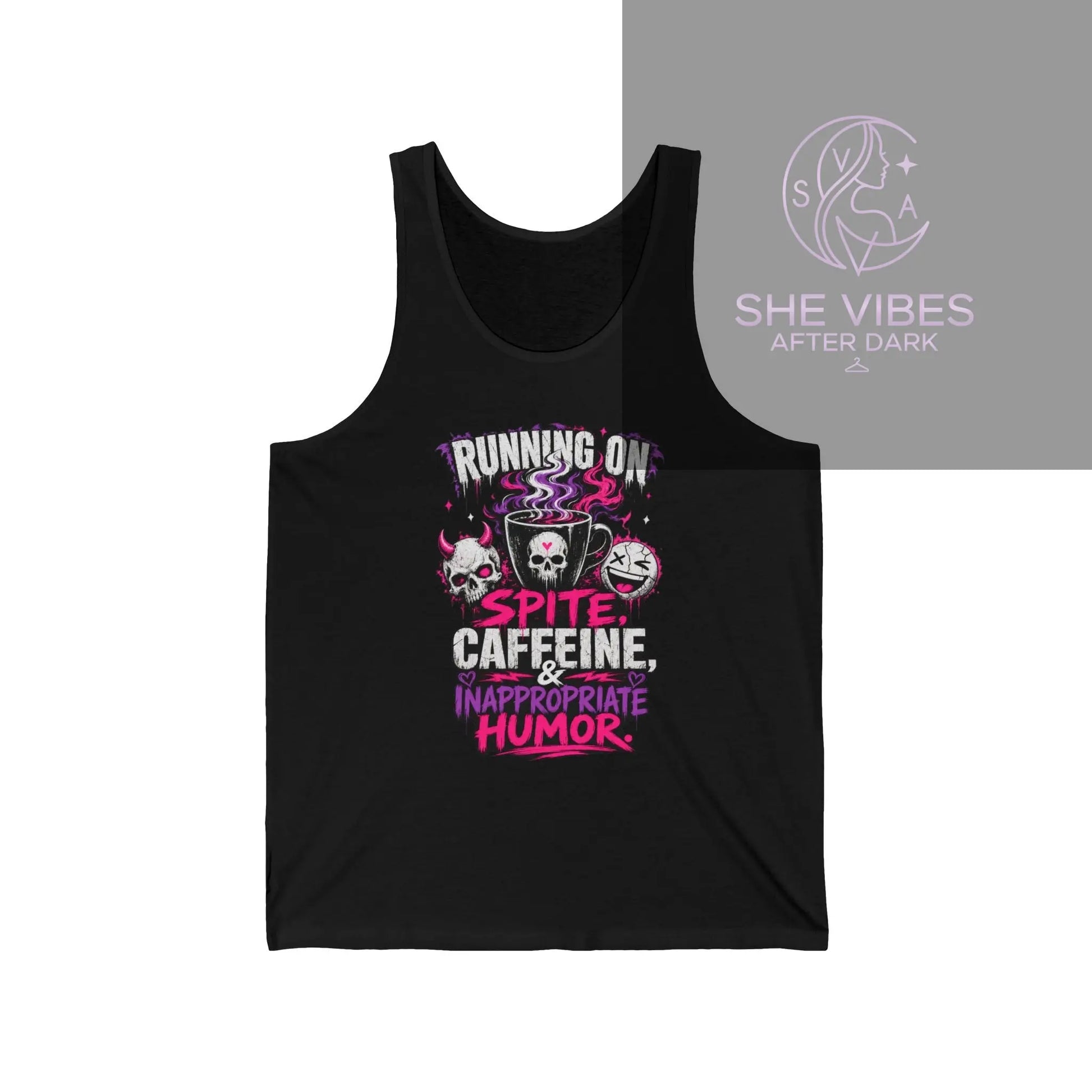 Running on Spite, Caffeine & Inappropriate Humor Tank Top Printify  Tank Top SHE VIBES AFTER DARK
