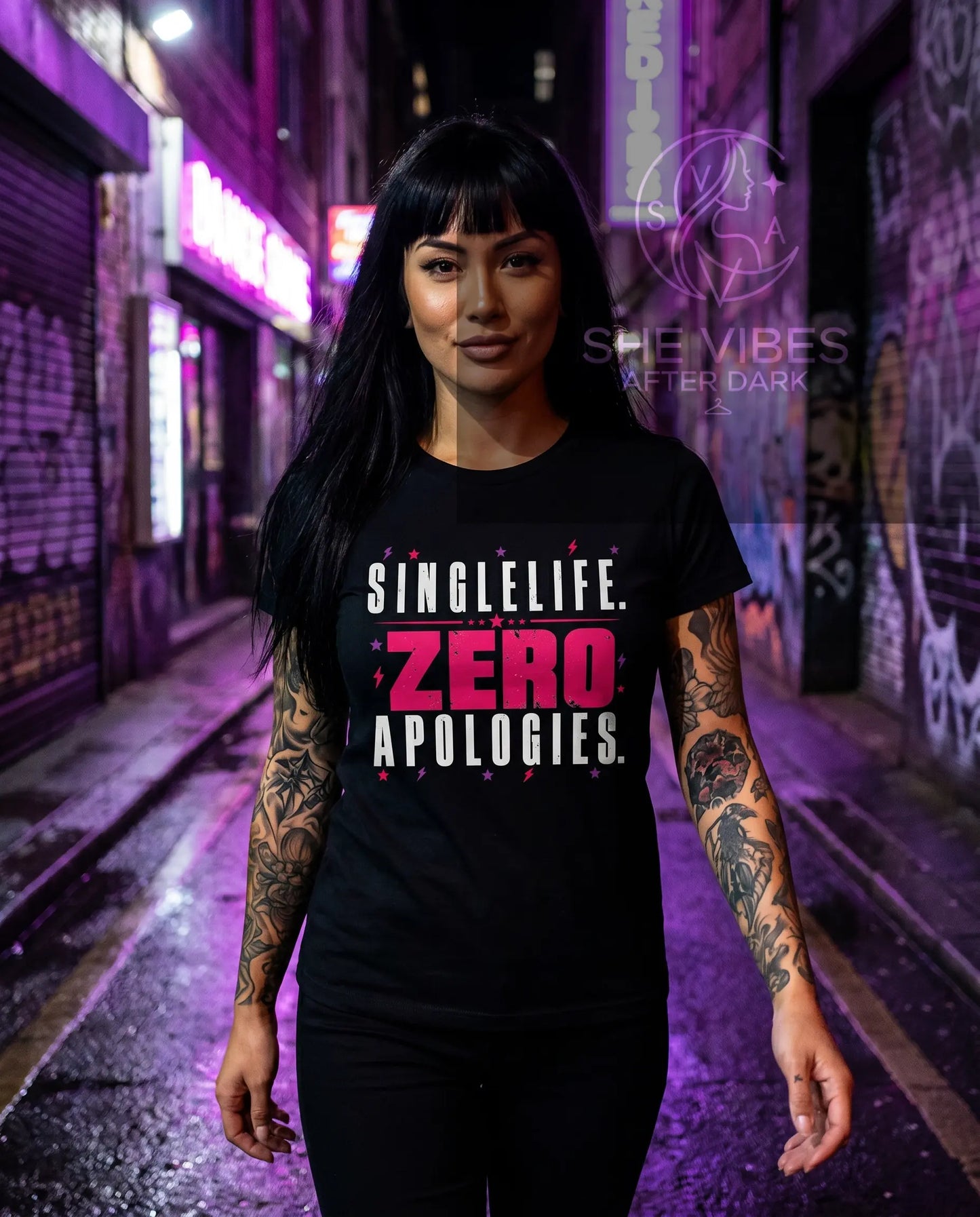 Single Life. Zero Apologies. Women's Tee Printify  T-Shirt SHE VIBES AFTER DARK