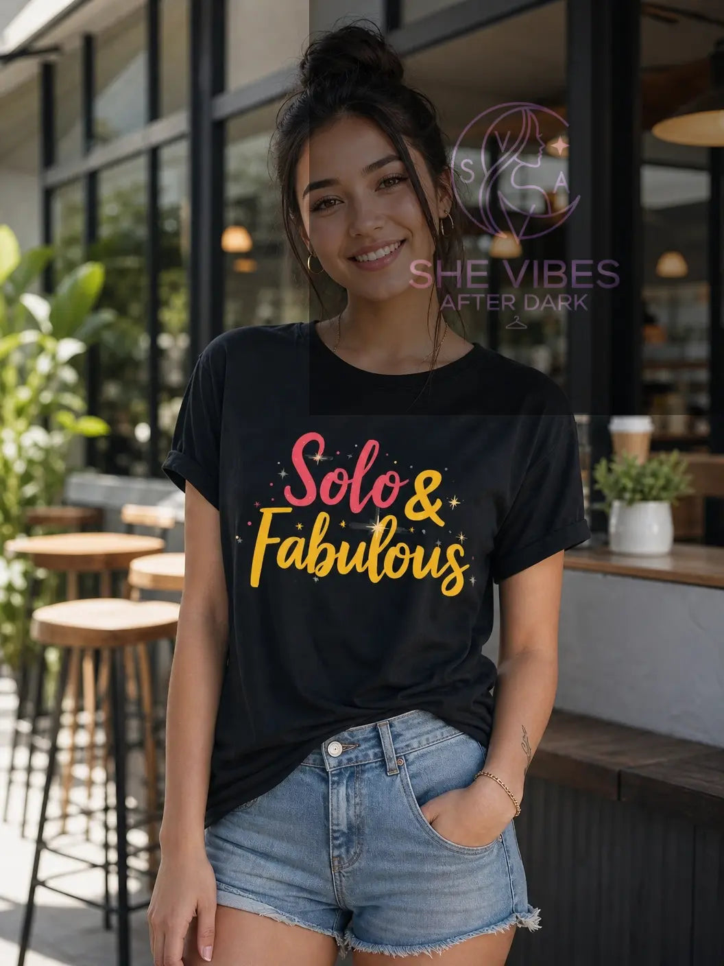 Solo & Fabulous T-Shirt — Bold Script Graphic Tee for Confident Singles Printify S / Black T-Shirt SHE VIBES AFTER DARK 22.00