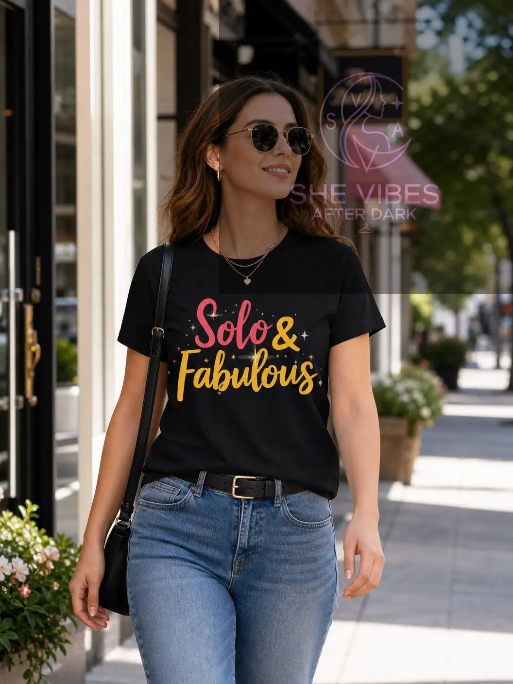 Solo & Fabulous T-Shirt — Bold Script Graphic Tee for Confident Singles Printify M / Black T-Shirt SHE VIBES AFTER DARK 22.00