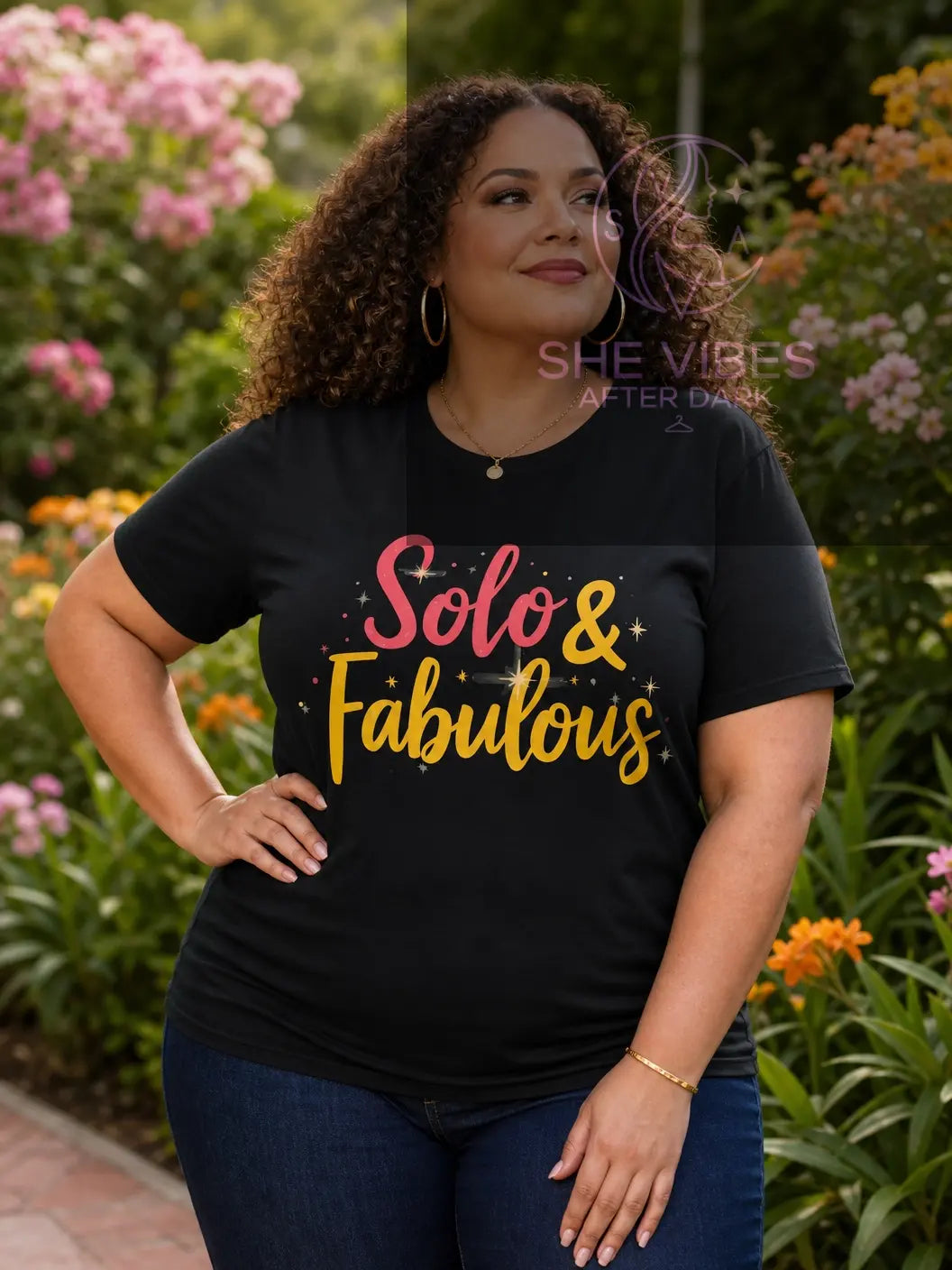 Solo & Fabulous T-Shirt — Bold Script Graphic Tee for Confident Singles Printify L / Black T-Shirt SHE VIBES AFTER DARK 22.00