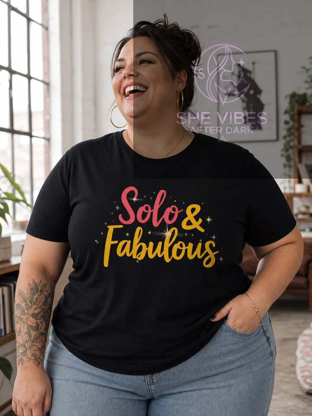 Solo & Fabulous T-Shirt — Bold Script Graphic Tee for Confident Singles Printify 3XL / Black T-Shirt SHE VIBES AFTER DARK 22.00