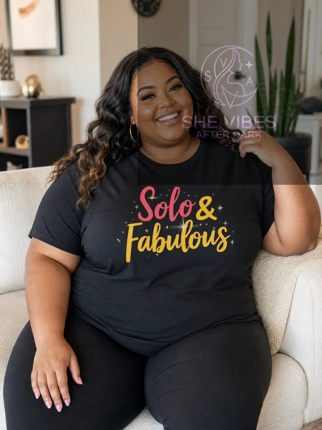 Solo & Fabulous T-Shirt — Bold Script Graphic Tee for Confident Singles Printify 4XL / Black T-Shirt SHE VIBES AFTER DARK 22.00