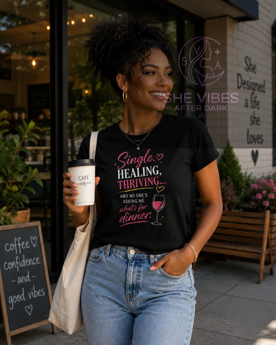Women's Tee — "Single, Healing, Thriving" Wine Graphic Printify  T-Shirt SHE VIBES AFTER DARK 