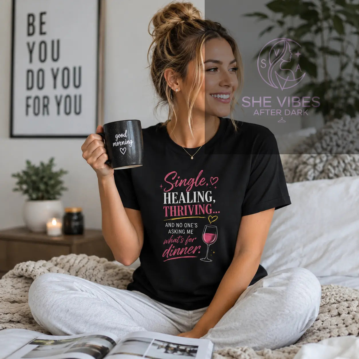 Women's Tee — "Single, Healing, Thriving" Wine Graphic Printify  T-Shirt SHE VIBES AFTER DARK 