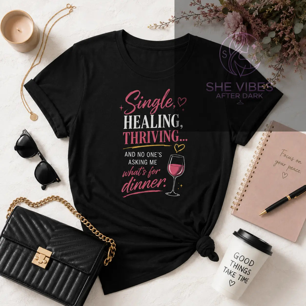 Women's Tee — "Single, Healing, Thriving" Wine Graphic Printify  T-Shirt SHE VIBES AFTER DARK 