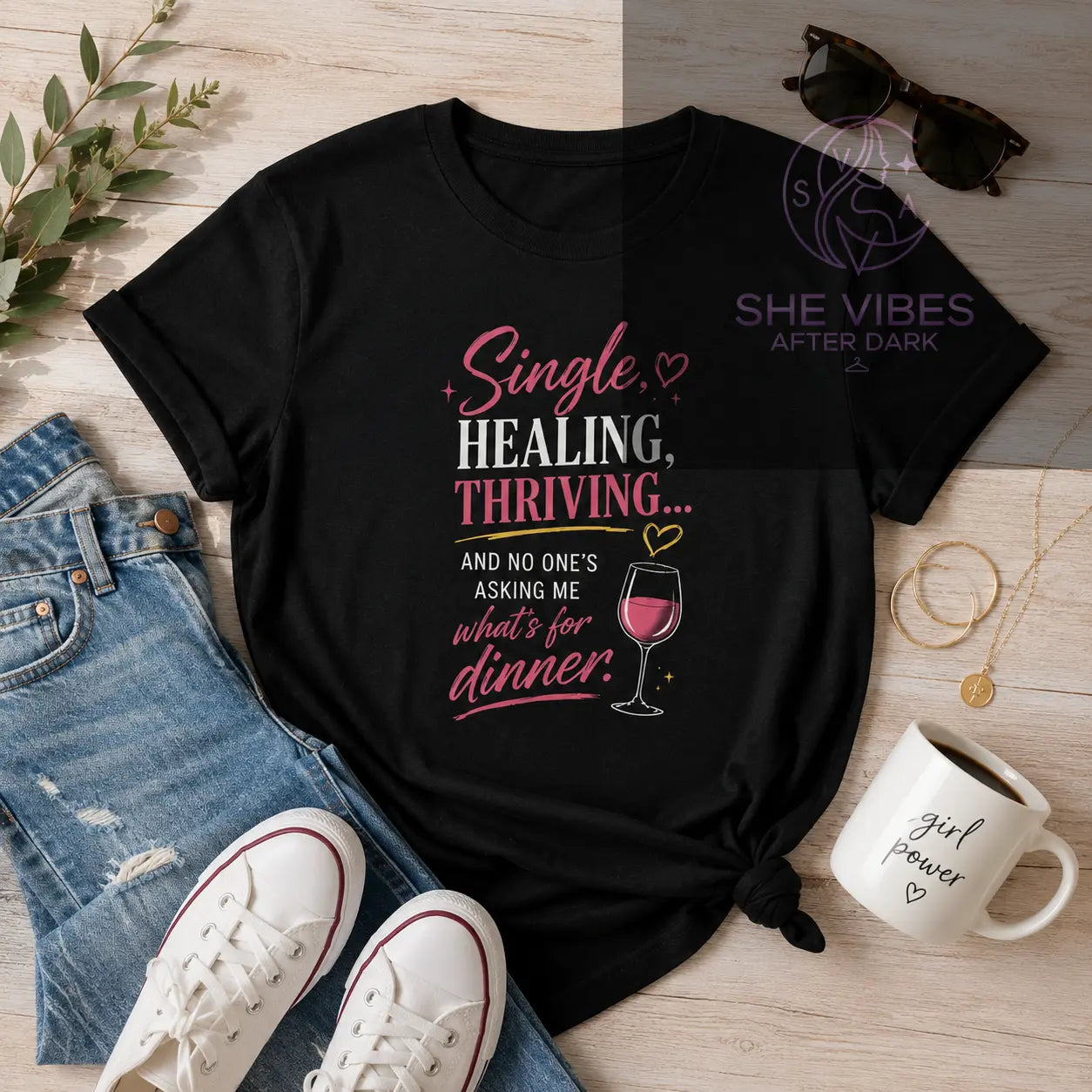 Women's Tee — "Single, Healing, Thriving" Wine Graphic Printify  T-Shirt SHE VIBES AFTER DARK 