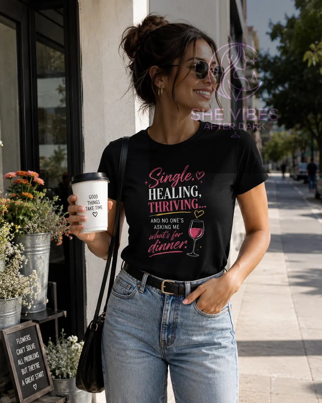 Women's Tee — "Single, Healing, Thriving" Wine Graphic Printify  T-Shirt SHE VIBES AFTER DARK 